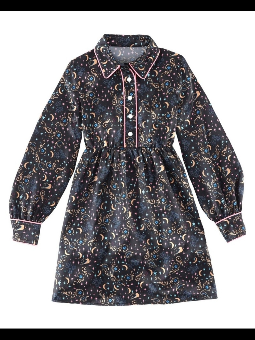 Wrangler Girls' Black Cowboy Hats,Moon, & Stars Satin Dress with Pink Trim